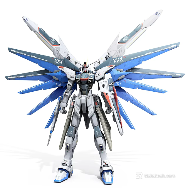 Detailed Mechanical Robot Model With Blue White Wings And Armor Design 3d model 