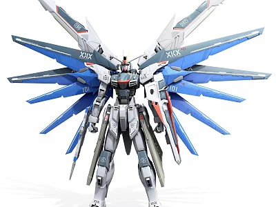 Detailed Mechanical Robot Model With Blue White Wings And Armor Design 3d model