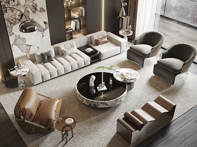 Modern Fabric Sofa And Marble Coffee Table Set With Armchairs Area Rug And Wall Art 3d model