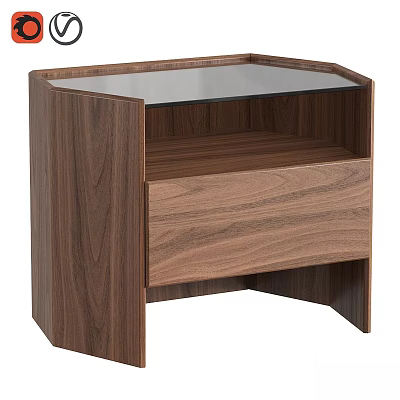 Walnut Wood Modern Drawer Chest With Glass Top And Single Drawer Storage 3d model