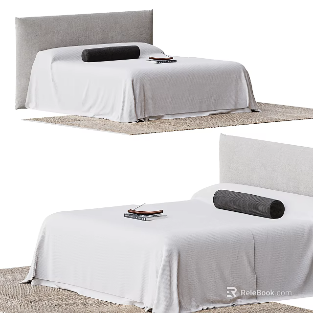Double Bed With Light Gray Headboard White Bed Sheets And Black Cylindrical Pillow 3d model 