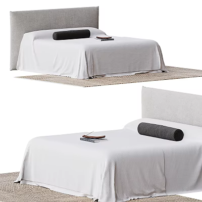 Double Bed With Light Gray Headboard White Bed Sheets And Black Cylindrical Pillow 3d model