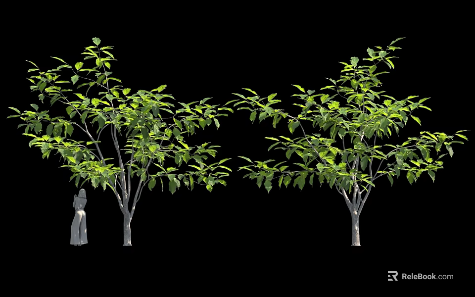 Green Trees With Small Statue And Lush Foliage In Outdoor Scene 3d model 