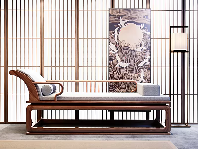 Elegant Chinese Style Chaise Lounge With Wooden Frame And Comfortable Cushion 3d model