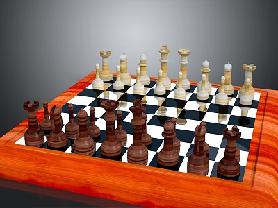 Wooden Chessboard With Black And White Squares And Brown White Chess Pieces 3d model