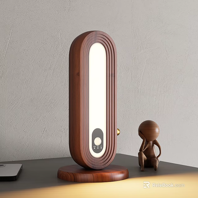 Modern Wooden Table Lamp Featuring Long Strip Light And Small Figurine On Table Gray Wall 3d model 
