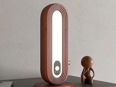 Modern Wooden Table Lamp Featuring Long Strip Light And Small Figurine On Table Gray Wall 3d model