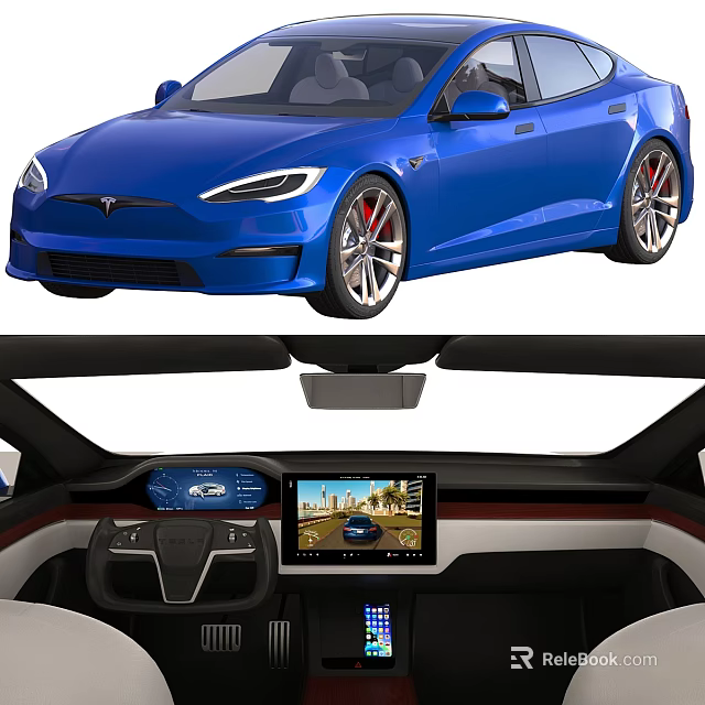 Blue Tesla Electric Car Exterior Sporty Wheels And Interior Touchscreen 3d model 