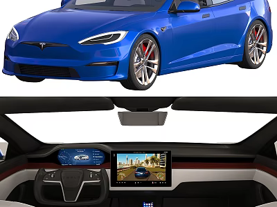 Blue Tesla Electric Car Exterior Sporty Wheels And Interior Touchscreen 3d model