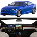 Blue Tesla Electric Car Exterior Sporty Wheels And Interior Touchscreen