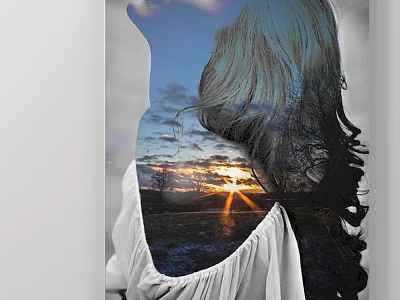 Portrait Painting with Blonde Hair Side Profile and Sunset Sky Clouds in Double Exposure Effect 3d model