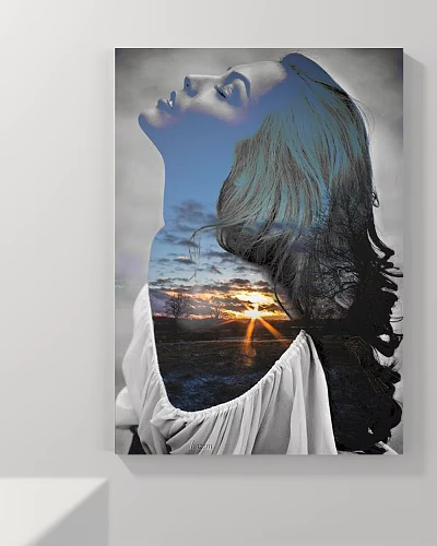 Portrait Painting with Blonde Hair Side Profile and Sunset Sky Clouds in Double Exposure Effect 3d model