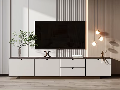 Modern TV Cabinet Design With TV Green Plant And Pendant Lights 3d model
