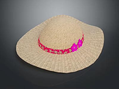 Light Brown Woven Straw Hat With Red Band Gold Patterns And Pink Decorations 3d model