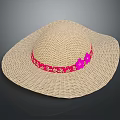 Light Brown Woven Straw Hat With Red Band Gold Patterns And Pink Decorations