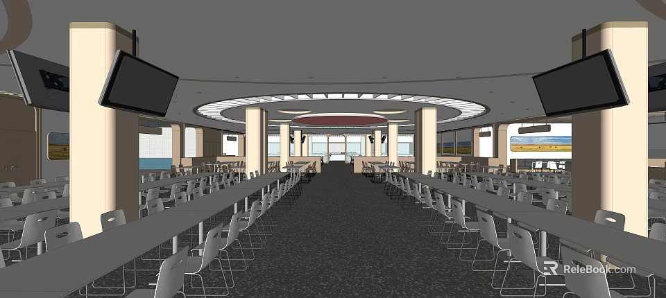 Modern Restaurant Interior With Long Dining Tables Chairs And Circular Ceiling Lights 3d model 