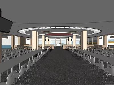 Modern Restaurant Interior With Long Dining Tables Chairs And Circular Ceiling Lights 3d model