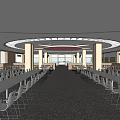 Modern Restaurant Interior With Long Dining Tables Chairs And Circular Ceiling Lights