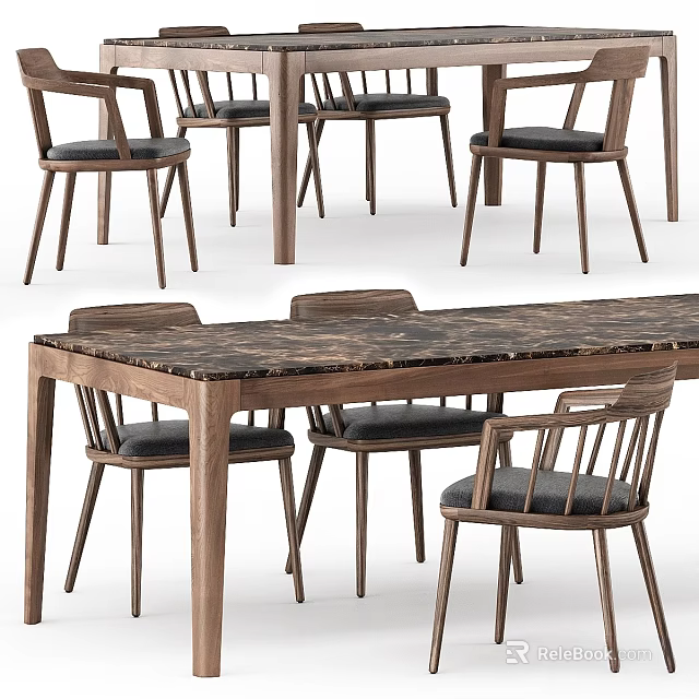 Modern Wooden Dining Table with Marble Tabletop and Upholstered Chairs Set 3d model 