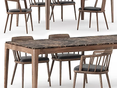 Modern Wooden Dining Table with Marble Tabletop and Upholstered Chairs Set 3d model
