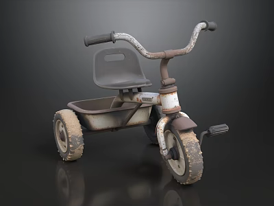 Vintage Old Tricycle With Black Seat Rusty Metal Parts And Muddy Tires On Dark Background 3d model