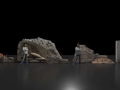Two Children In Striped Shirts Standing By Collapsed Wall And Debris On Black Background 3d model