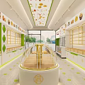 Bright Clean Specialty Store Interior With Display Cases Shelves And Green White Decor
