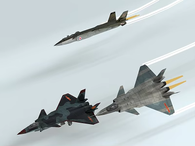 Multiple Fighter Jets Flying In Formation With Afterburner Trails And Military Markings 3d model