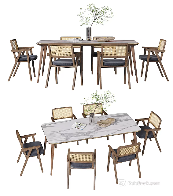 Modern Dining Table And Chairs Set With Wooden Frame And Marble Tabletop 3d model