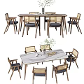 Modern Dining Table And Chairs Set With Wooden Frame And Marble Tabletop 3d model