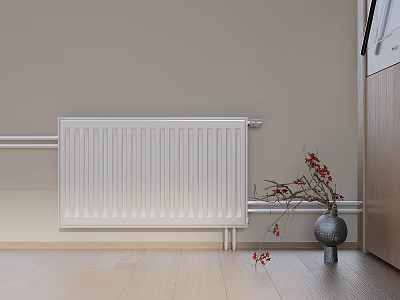 White Radiator Installed On Beige Wall With Wooden Floor And Red Branch Vase 3d model