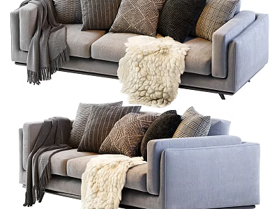 Light Gray Three Seater Sofa With Multiple Cushions And Soft Throw Blankets 3d model