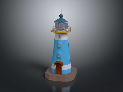 Lighthouse Shaped Decorative Furniture With Blue White Yellow Accents And Brown Door 3d model