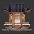 Cartoon Traditional Wooden Pavilion Scene With Curved Tile Roof Red Lanterns And Stone Base