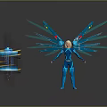 Futuristic Female Character With Blue Tech Inspired Wings And Spiral Object