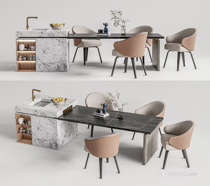 Elegant Modern Dining Table Set With Marble Countertop And Upholstered Chairs 3d model