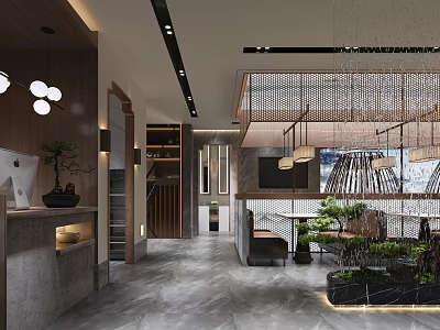 Modern Restaurant Interior With Wooden Decor Green Plants And Hanging Lights 3d model
