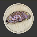 Fresh Animal Meat Slices on Bread Over Round Wooden Chopping Board