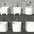 White Bathroom Fixtures With Various Designs On Gray Tile Wall And Floor