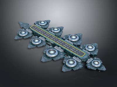 Futuristic Metallic Platform Structure With Symmetrically Arranged Circular Bases And Glowing Central Pathway 3d model