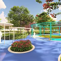 Lush Park Landscape With Curved Paths Basketball Court Water Features Green Trees And Open Lawns