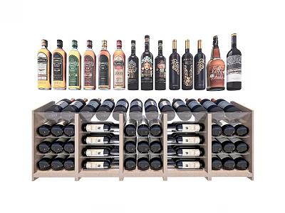 Assorted Wine Bottles Neatly Arranged on Multi Tiered Wooden Wine Rack 3d model