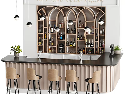 Modern Bar Counter Design With Wooden Wine Racks Pendant Lights and Bar Stools 3d model