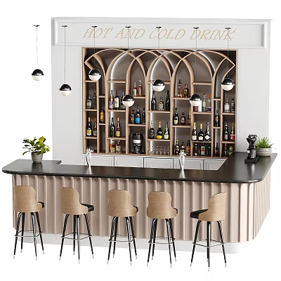 Modern Bar Counter Design With Wooden Wine Racks Pendant Lights and Bar Stools 3d model