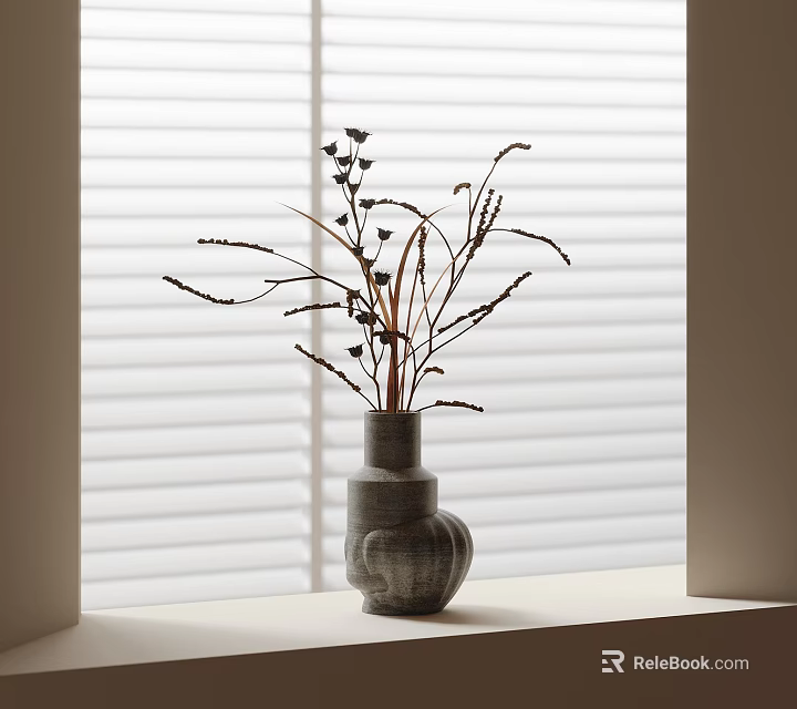 Gray Stacked Vase With Dried Flowers On Windowsill By Window Blinds In Natural Light 3d model 