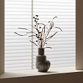 Gray Stacked Vase With Dried Flowers On Windowsill By Window Blinds In Natural Light