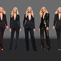 Five Women Wearing Black Suits Standing in a Row Against Gray Background
