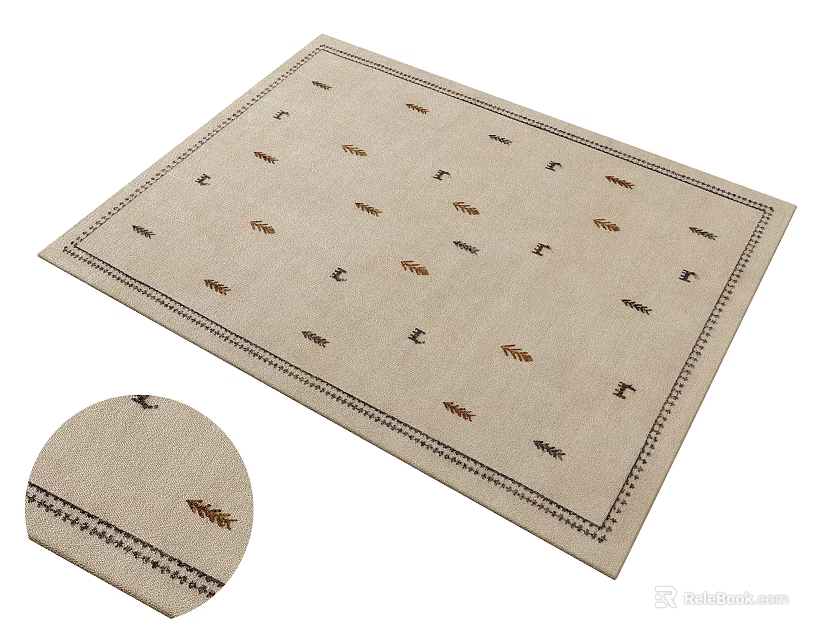 Light Beige Square Rug With Leaf Motifs Small Symbols And Detailed Border 3d model 