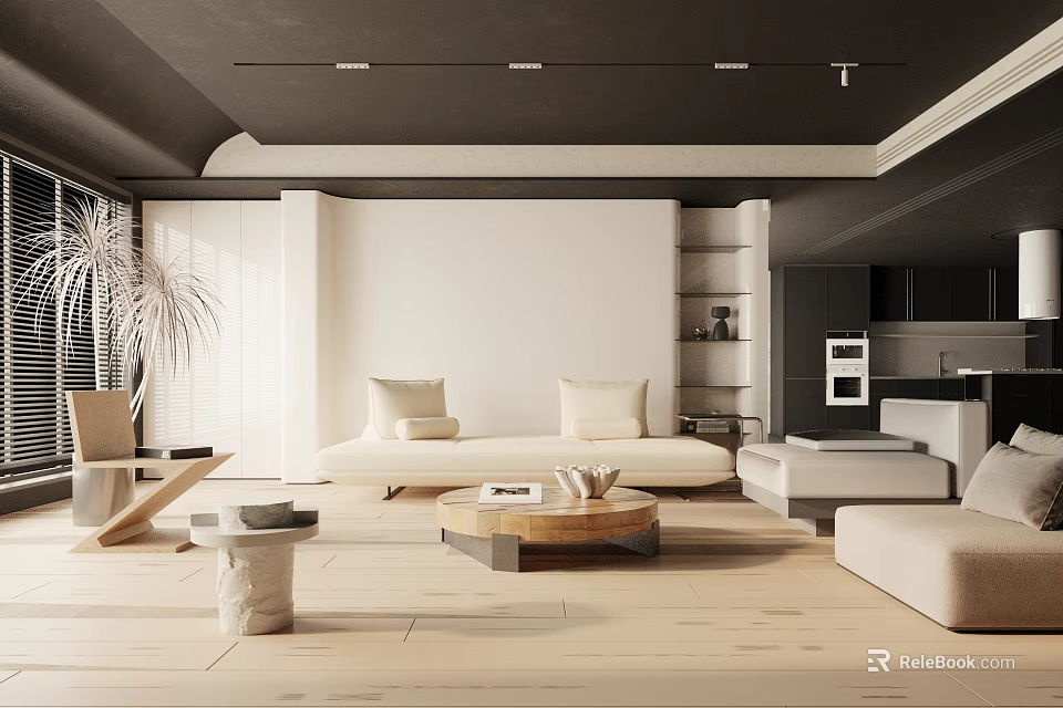 Modern Living Room Interior With Beige Sofa Wooden Floor Coffee Table And Bookshelf 3d model 