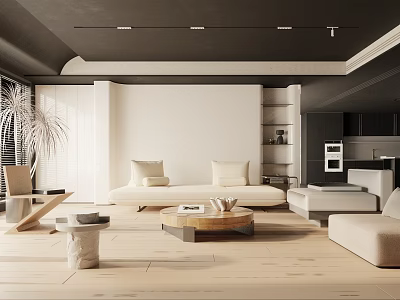 Modern Living Room Interior With Beige Sofa Wooden Floor Coffee Table And Bookshelf 3d model